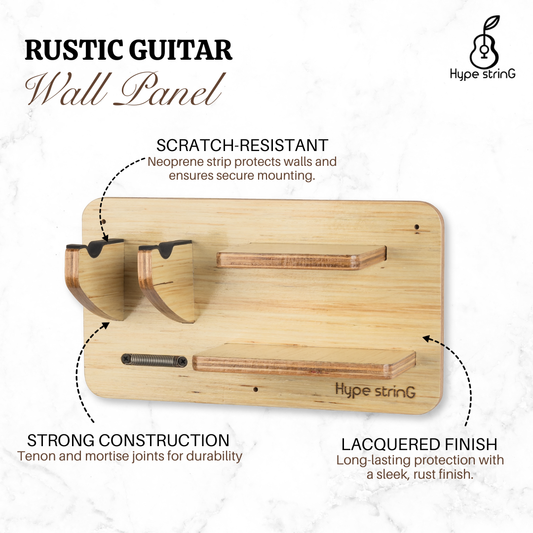 Rustic Guitar Wall Mount Panel comes with scratch resistant neoprene strip, lacquered surface finish for long lasting protection.