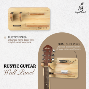 Rustic Guitar Wall Mount Panel offers dual shelves to organize strings, capos & tuners properly.